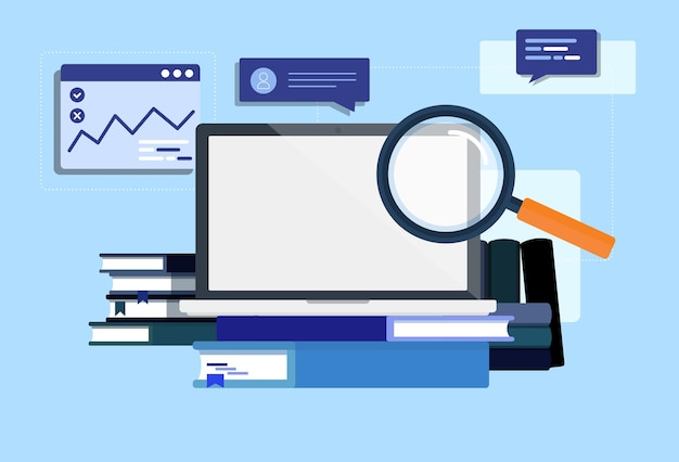 computer with magnifying glass and books Internet web page search engine optimization research
