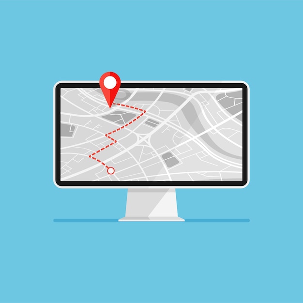computer with map navigation on screen gps navigator with red pinpoint city map with point marker