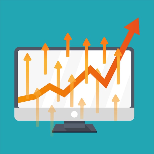 computer with red arrow going up on blue circle background mobile stock market sale concept