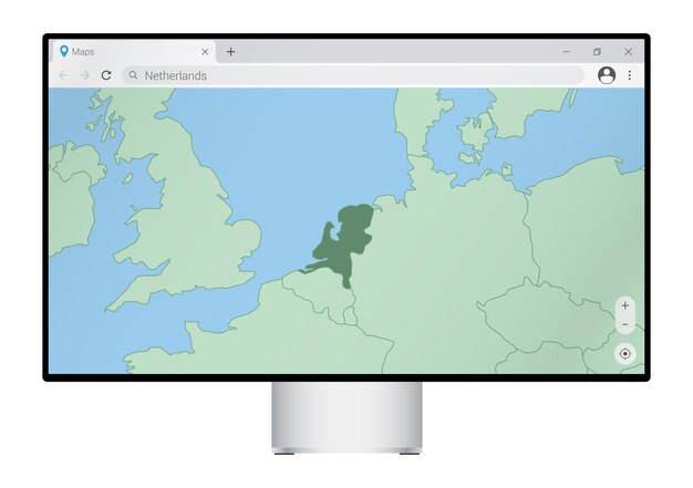 Computerskærm med kort over Holland i browser, søg efter landet Holland på webkortlægningsprogrammet.