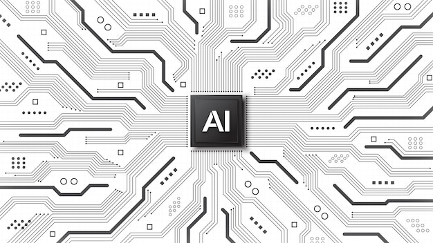 Concept of artificial intelligence AI microchip on a circuit board with electronic elements Futuristic background LLM big data automation and smart tech Technology vector illustration
