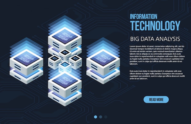 Concept of big data processing, Isometric data center, vector information processing and storage. Creative illustration with abstract geometric elements.