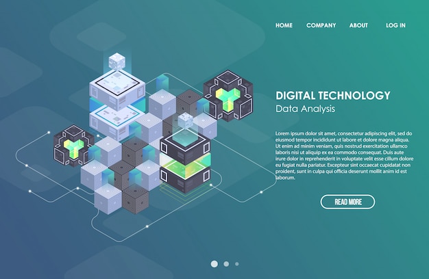 Concept of big data processing, Isometric data center, vector information processing and storage. Creative illustration with abstract geometric elements.