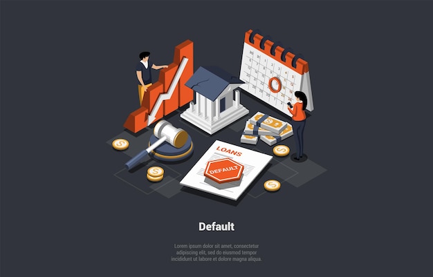 Concept Of Default Unemployment Debts Bankruptcy Unpaid Loan and Financial Crisis People Loss of Money Savings Loss Job Try To Control The Situation Isometric Cartoon 3D Vector illustration