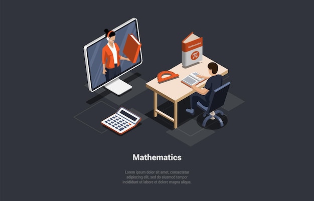 Concept Of Mathematics Studying Subject Education And Science Student Sitting At The Desk And Learning Mathematics With Virtual Teacher On The Computer Screen Isometric 3d Vector Illustration