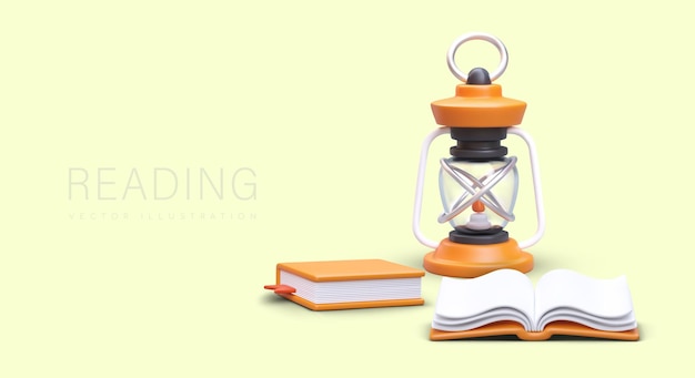 concept of reading travel book realistic lit kerosene lamp books read while relaxing