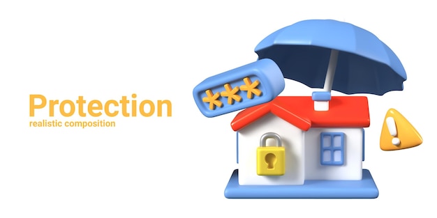 Concept of real estate protection 3D house covered with large umbrella