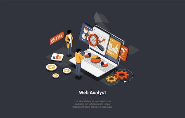 Concept Of Testing Data Analysis Debugging And Analyst Web Analyst Man And Woman Marketers Analyze Chart Diagram Analytic Business And Reporting Data Isometric 3d Cartoon Vector Illustration