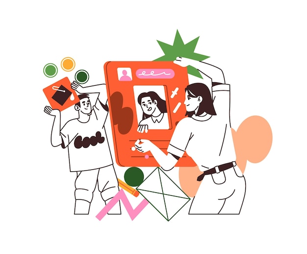 Concept of UX UI design Creative designers create new user interface for mobile app Team of creators does redesigns updates GUI UIUX development Flat isolated outline vector illustration on white