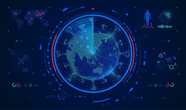 concept of virus scan technology or world medical analysis, graphic of radar scanning globe combined with virus and futuristic element