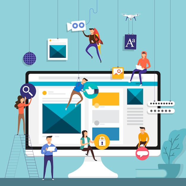   concept team working for building social media application on mobile.  illustrate.