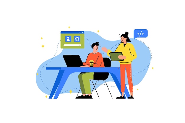 Concept UI UX programming with people scene in the flat cartoon design Web designer shows a colleague how the new site should look Vector illustration