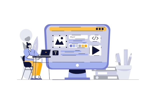 Concept Web design with people scene in the flat cartoon design A web designer reviews the design