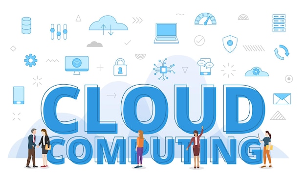 Concept with big words and people surrounded by related icon spreading with blue color