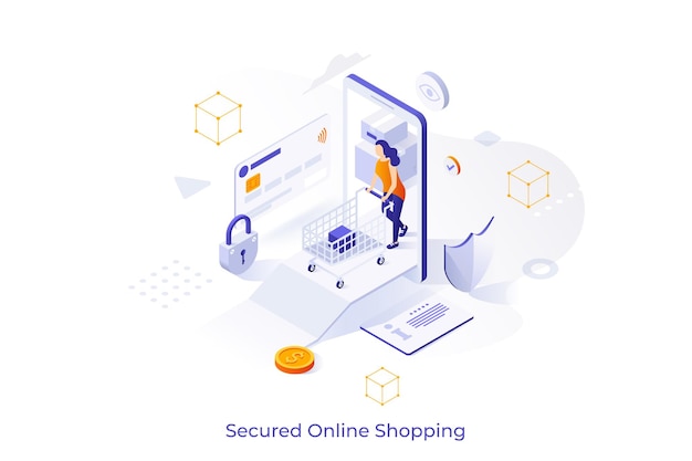 Conceptual template with customer with shopping cart walking out of smartphone Scene for secured online shopping safety of electronic payments in internet store Isometric vector illustration