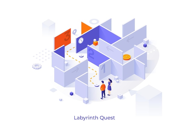 conceptual template with man and woman standing in front of maze or labyrinth and trying to find way out concept of overcoming business challenges problem solving isometric vector illustration