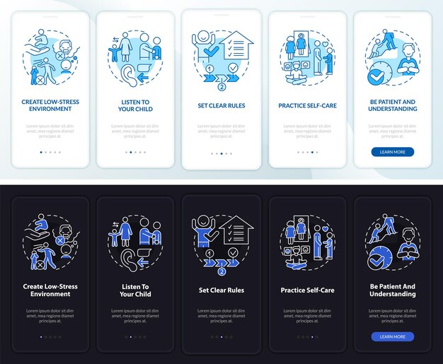 Conduct disorder advice night and day mode onboarding mobile app screen