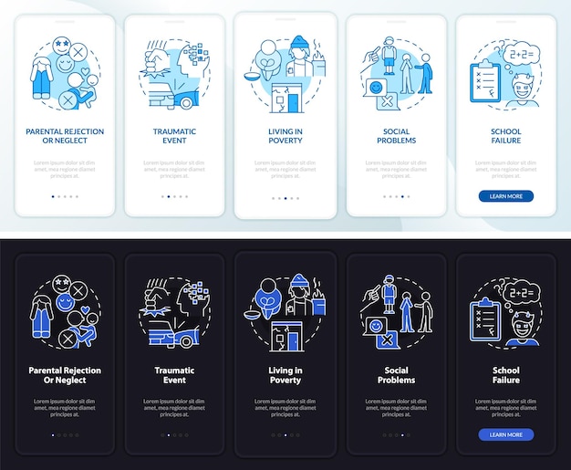 Conduct disorder risk night day mode onboarding mobile app screen Walkthrough 5 steps graphic instructions pages with linear concepts UI UX GUI template Myriad ProBold Regular fonts used
