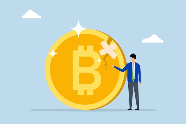 confidence businessman investor or trader with damaged cracked down Bitcoin bandage repair