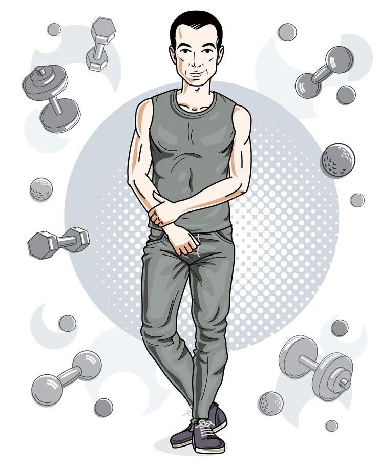 Vektör confident handsome brunet young man is standing on simple background with dumbbells and barbells. vector illustration of sportsman, sport style.