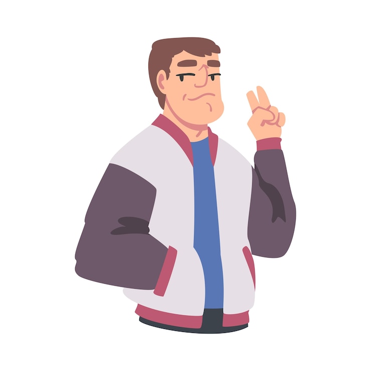 Vektör confident young man showing victory sign gesture man expressing positive emotions self love self pride acceptance esteem cartoon vector illustration