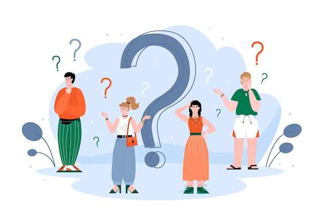 Confused people in doubt around question mark flat vector illustration isolated