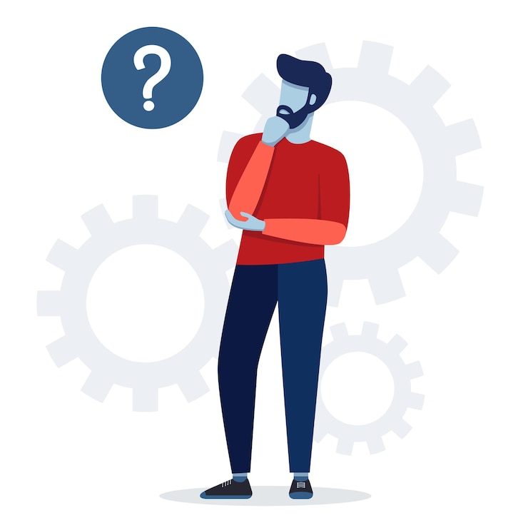 Vektor confused person looking at question mark man doesnt know character tries to find a solution
