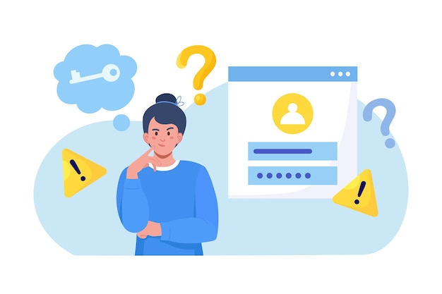 confused woman forgetting her password for web page user assistance and password reset services person who forgot his personal data when he wanted to log in authorization and identification