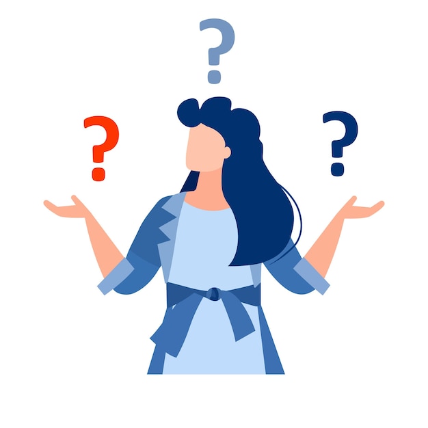 Confused woman makes a choice Puzzled business woman deciding doubting setting priorities