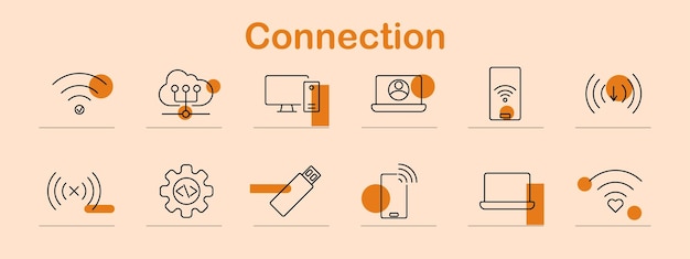 Connection set icon WiFi cloud computing desktop laptop smartphone USB drive wireless network download upload signal technology connectivity data transfer communication internet