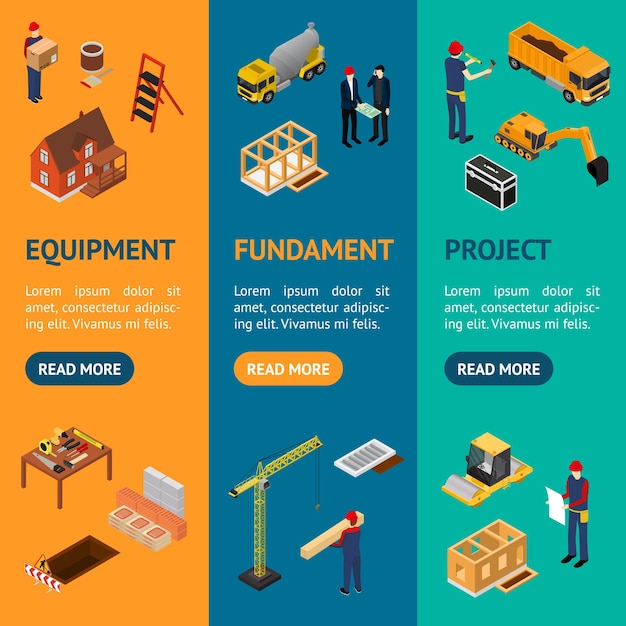 Construction Building Concept Banner Vecrtical Set 3d Isometric View Include of House Crane Equipment Truck Worker and Excavator Vector illustration