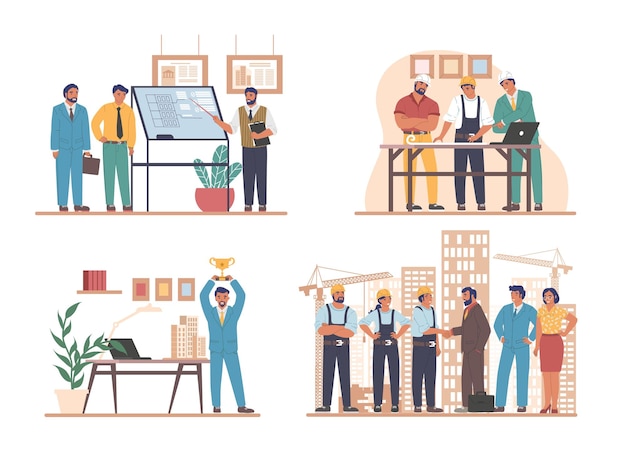 construction engineers architects builder workers flat vector illustration set professional contractors engineers working on architecture project plan construction site building industry concept