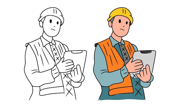 construction worker foreman character hand drawn cartoon illustration