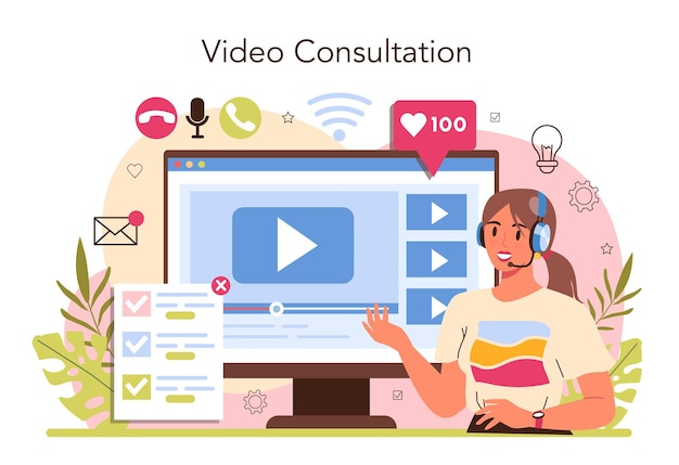 Consultant online service or platform. Specialist making research and recommend a solution. Strategy management and troubleshooting. Online video consultation. Vector flat illustration