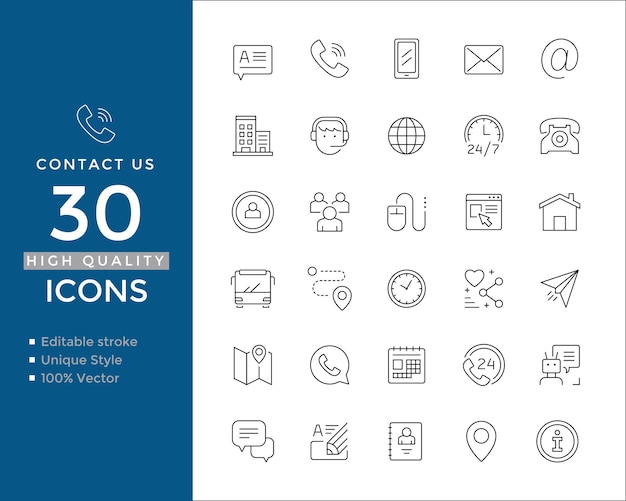 Contact and Communication Line Icons Chat Call Email Support Address Info Editable Vector Set