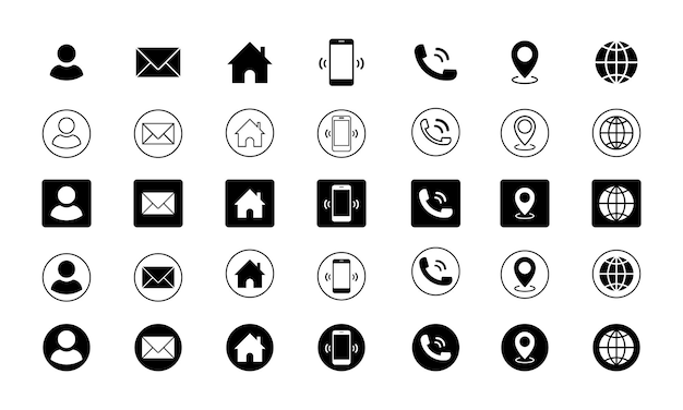 Contact icon set Business and web icon collection mobile phone contact location globe mail