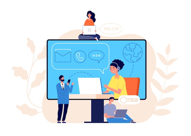 Contact us concept. Business website, call center or help line community. Creative people work modern support service vector illustration. Business customer call assistance, support website