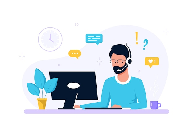 Contact Us Form Template. Caucasian man with headphones and laptop. Support, assistance, call center