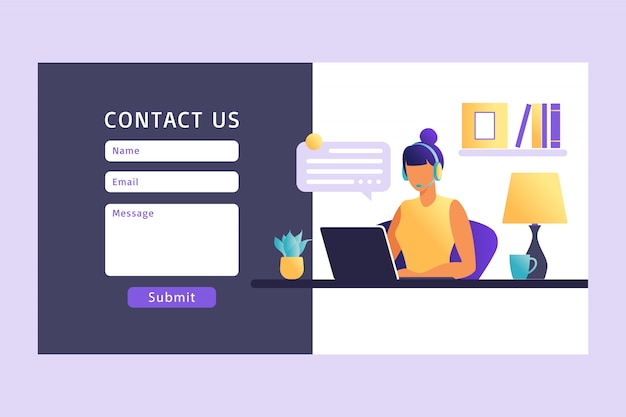 contact us form template for web. female customer service agent with headset talking with client. landing page. online customer support . illustration.
