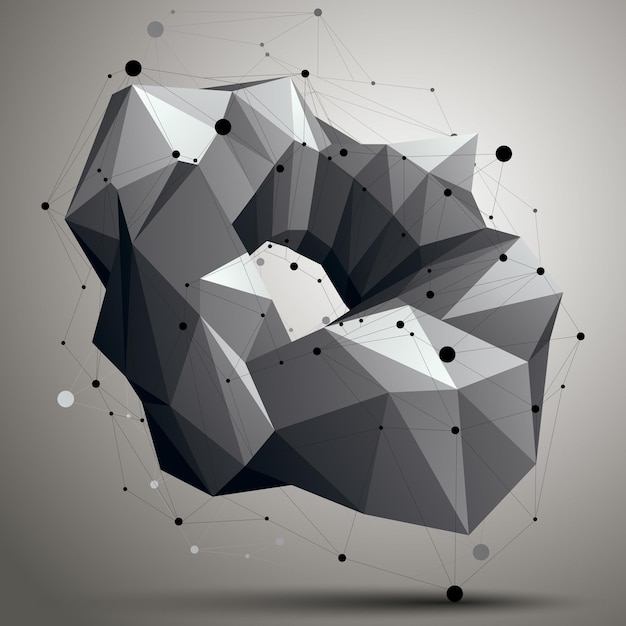 Contemporary technology black and white stylish architectural construction, abstract 3d figure with connected lines and dots.