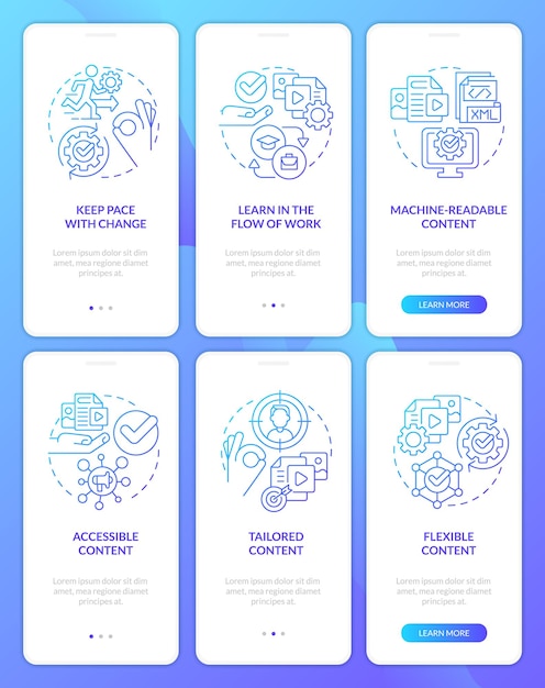 Content design blue gradient onboarding mobile app screen set