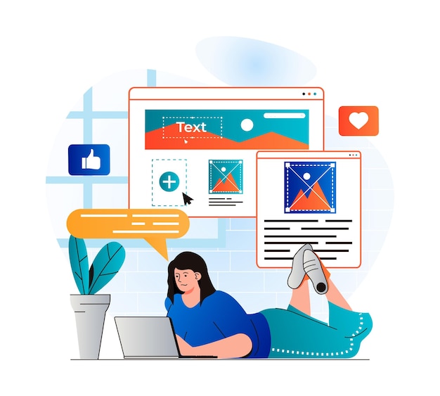 Content manager concept in modern flat design Woman writes texts fills site pictures places