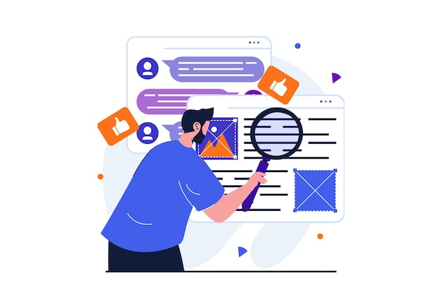 content manager modern flat concept for web banner design man creates layout of site studie feedback