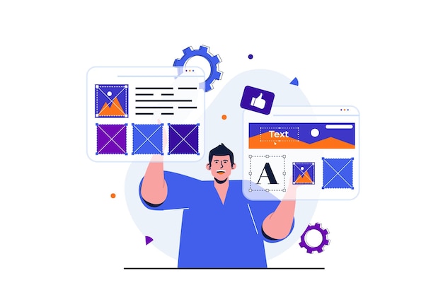 Content manager modern flat concept for web banner design Man optimizes website layout and works