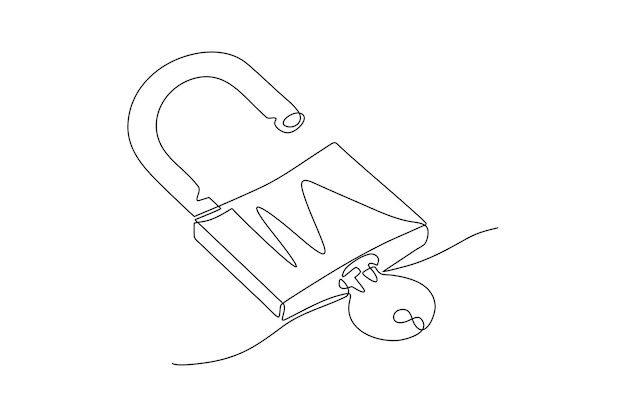 continuous line art drawing of padlock with key