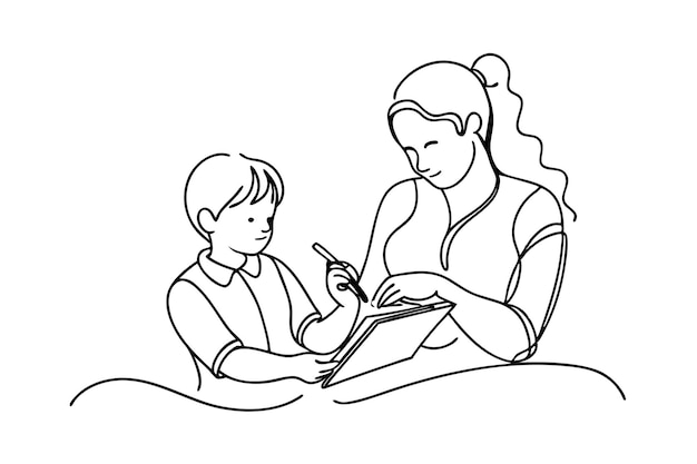 Continuous Line Art Mother Teaching Her Child in Black Linear Sketch isolated on white background