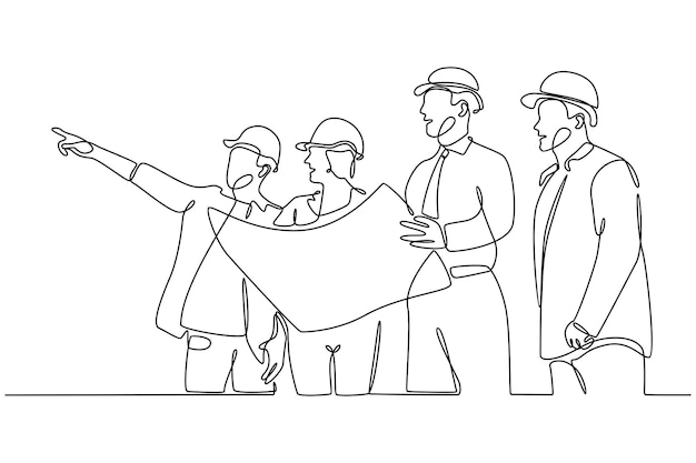 continuous line drawing a group of architects building teamwork concept vector illustration