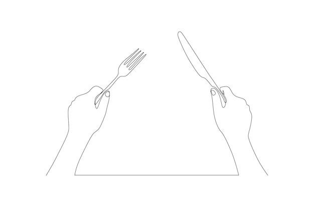 Continuous line drawing of a hand holding a fork and knife dining table concept Premium Vector