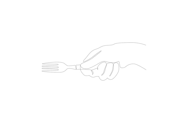 Continuous line drawing of a hand holding a fork cutlery dining table concept Premium Vector