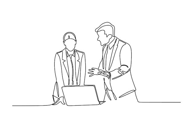 Continuous line drawing of business people working together in the office Vector illustration